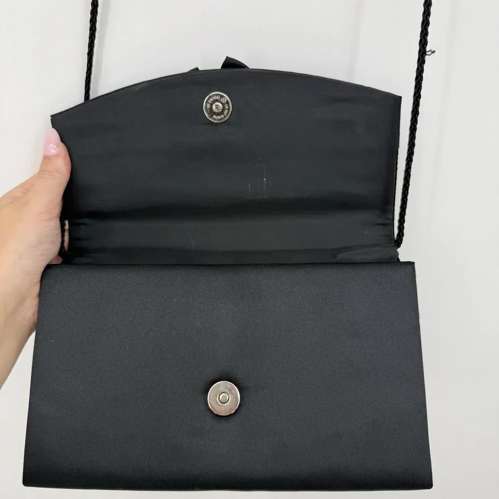 La Regale Black Satin Bow Crossbody Bag Purse Evening Formal Classic Timeless